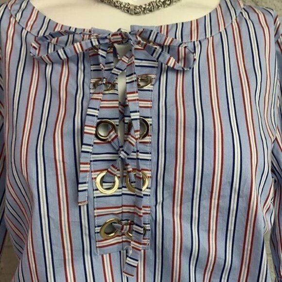 Tommy Hilfiger Women Bell Sleeve Lace-Up Striped Blouse Size L - Picture 6 of 11